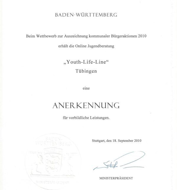 Vorbildliche kommunale Bürgeraktion 2010 – YLL erhält Auszeichnung vom Land Baden-Württemberg